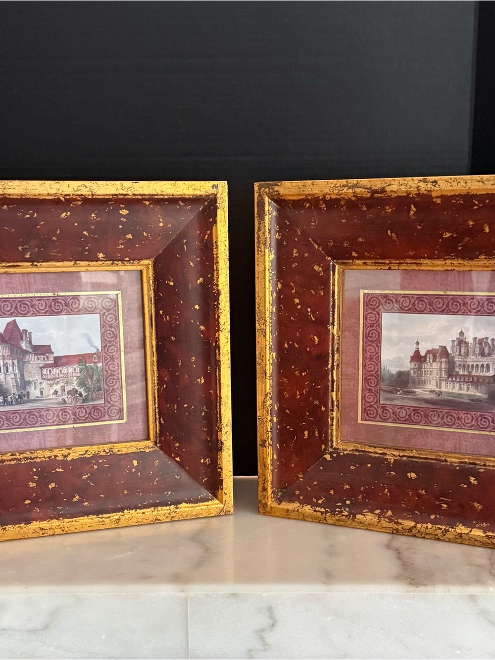 Pair of BritIsh Castle Prints with Solid Thick Burgundy Gold Frames